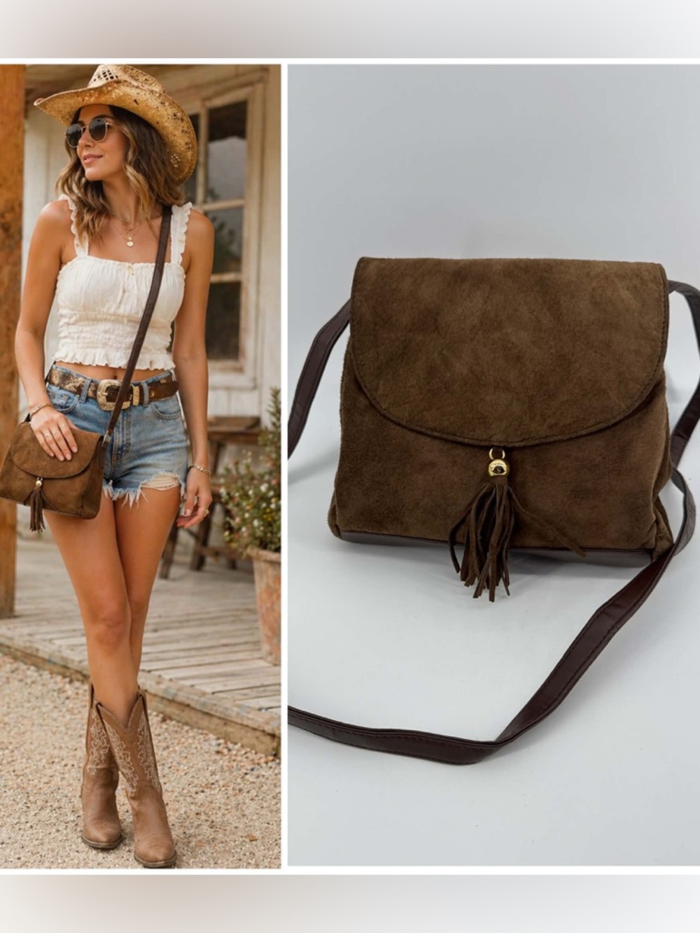 Western Brown Suede Crossbody Bag with Tassel  Festival Concert Travel